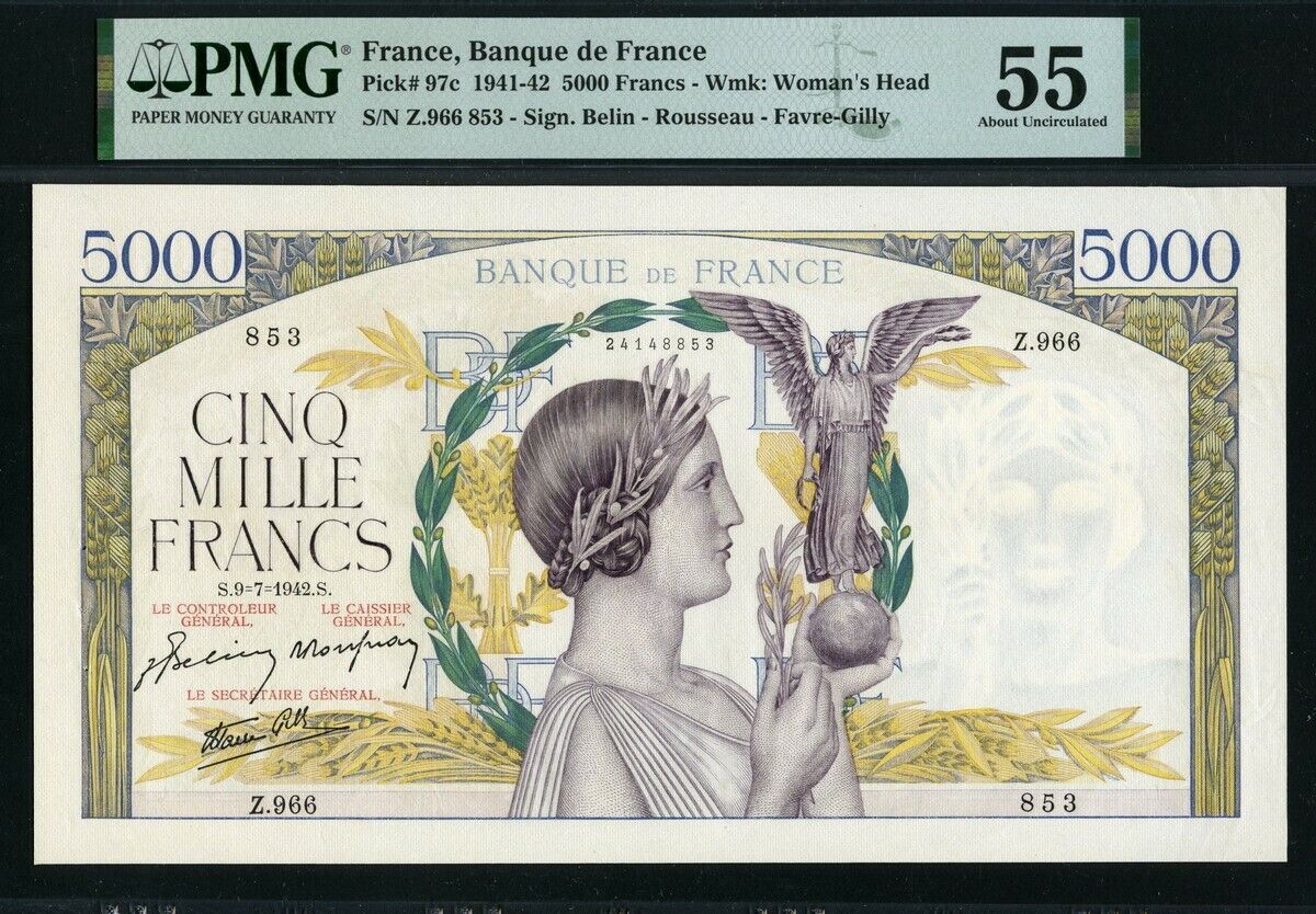 프랑스 France 1941-1942 ( 1942 ), 5000 Francs, P97c, PMG 55 AUNC 준미사용 핀홀